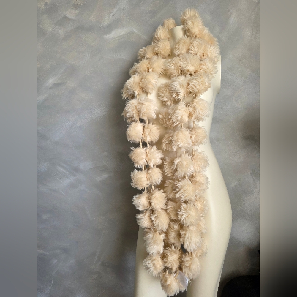 Faux Fur Pom Pom Ball Infinite Scarf 3 Layer Cream 33'L